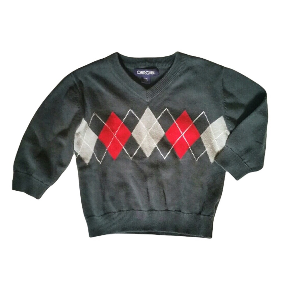 Grey Argyle Print V-Neck Sweater Charcoal and Red Preppy 90’s Knit Sweater 18M